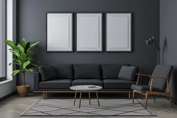 Mid-century home interior design of modern living room. Dark grey sofa and chair against grey wall with three art frames.