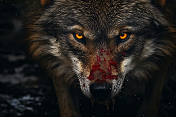 Gray wolf face, in the style of detailed atmospheric portraits, dark gold and red, macro zoom, aerial photography, soggy, 3840x2160, mysterious symbolism

