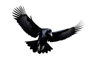 a high quality stock photograph of a single flying spread winged raven isolated on a transparant or white background