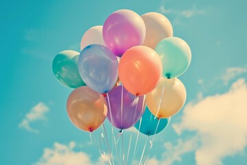 Multicolor balloons with a retro Instagram filter effect, concept of happy birthday in summer and wedding honeymoon party