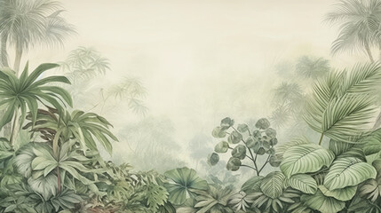 Retro mural photo wallpaper jungle and graceful leaves tropical forest vintage background graphics painting art card poster print interior - generative AI