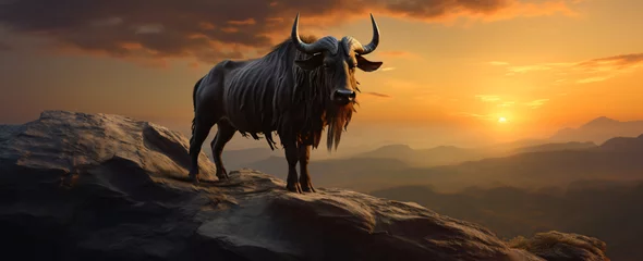Zelfklevend Fotobehang A golden buffalo in a sunset, in the style of macro lens, himalayan art, photo-realistic landscapes, strong facial expression, light black and brown, zaire school of popular painting, unprimed canvas  © Possibility Pages