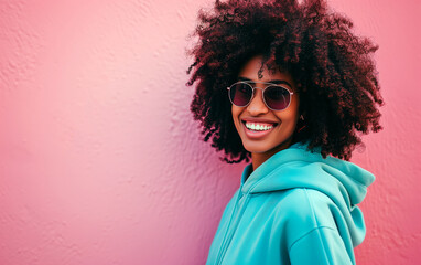 Studio shot of young dark skinned woman wearing sunglasses and smiling while isolated over purple background. Header with empty space for text, logo or product.