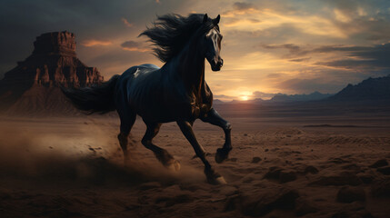 A horse running through a desert with dark atmosphere, in the style of black and azure,...