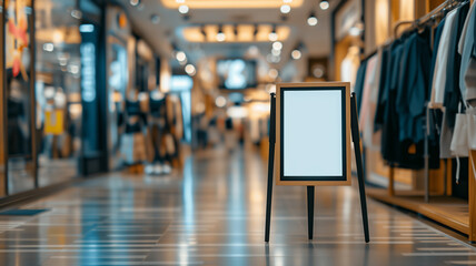 Empty advertise display frame in shopping mall, Blurred department store background. Frame for Special Offer sign display in  fashion department store during sale season period. - obrazy, fototapety, plakaty