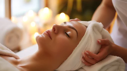 Tableaux sur verre Salon de beauté Woman undergoing facial treatments at spa