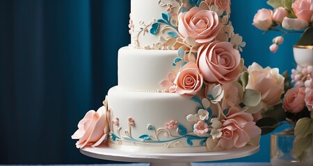 Craft a mouthwatering visual feast of a classic tiered wedding cake, showcasing intricate fondant details, flawless icing, and elegantly cascading sugar flowers - AI Generative