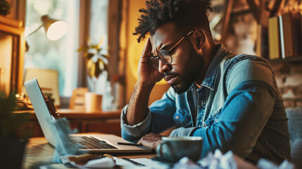 Man feeling stressed while working on his laptop. He has his head in hands, a pained expression on face, signifying a headache, frustration, or exhaustion.