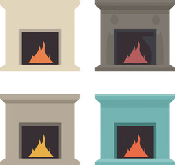 Four different fireplace designs with flames. Set of classic and modern fireplaces for interior design. Home warming and architectural elements vector illustration.