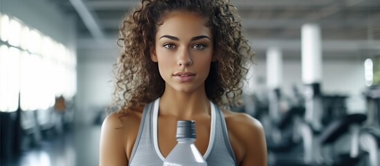 Tanned young student girl in sportswear holds bottle looks at camera with wrapped towel around neck at fitness club. - obrazy, fototapety, plakaty