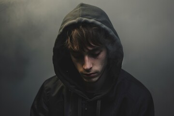 Studio portrait of a young European man with a mysterious aura, wearing a dark hoodie, isolated on a misty background