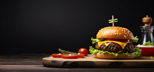 Delicious burger or bread on a wooden table black background. generated by AI