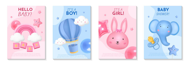 Realistic baby shower cards collection with cute animals and baby toys