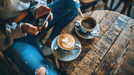 Person is sitting at a wooden table in a caf? with a cappuccino with a heart-shaped latte art on top, using a smartphone