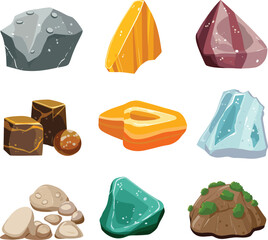 Collection of various vector cartoon minerals and rocks. Geology and science, educational stones illustration.