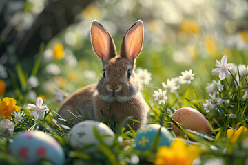Fototapeta na wymiar Rabbit Sitting in Grass Surrounded by Easter Eggs