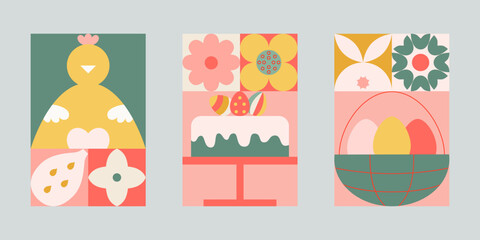 Easter geometric card set with simple bunny, eggs, chick, easter basket, flowers. Bright color cute shapes.