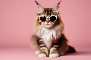 Creative animal concept. Maine Coon cat kitten kitty in sunglass shade glasses isolated on solid pastel background, commercial, editorial advertisement, surreal surrealism