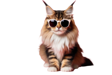 Creative animal concept. Maine Coon cat kitten kitty in sunglass shade glasses isolated on solid pastel background, commercial, editorial advertisement, surreal surrealism