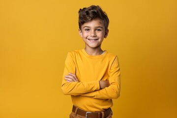 Obraz na płótnie Canvas Portrait of a smiling little boy standing with arms crossed over yellow background