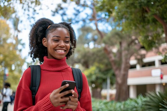 Smiling Happy Cute African Teen Girl Student Holding Cellphone Looking Away With Smartphone Technology Device In Hand Walking In College Park Outside Using Apps On Mobile Phone, Authentic Shot.