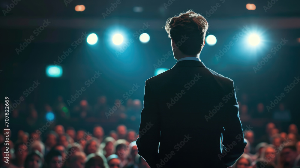 Poster man from behind, dressed in a suit, standing in front of an audience under bright stage lights, sugg
