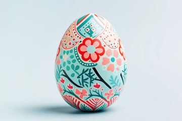 Artfully Decorated Easter Egg. Handcrafted Designs on a Sky-Blue Backdrop