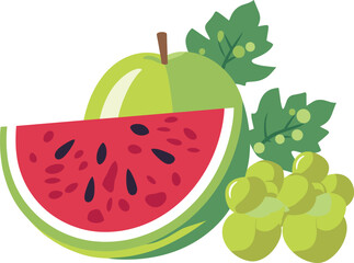 Green apple, sliced watermelon, and bunch of grapes with leaves. Fresh summer fruits vector illustration.