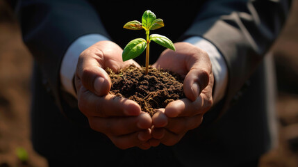 Pair of hands cradling a small green plant sprouting from a clump of soil, symbolizing growth, care, and environmental responsibility.