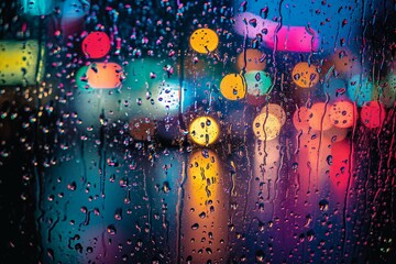 Water rain drops on a colorful neon glass window in the background. texture wallpaper design