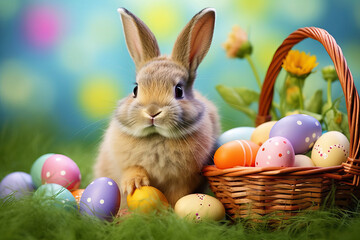 Fototapeta na wymiar Bunny's Easter. Eggs Scattered on Fresh Greenery. Easter postcard