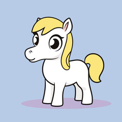 Cute cartoon pony with yellow mane and tail, happy white horse for kids. Childhood fantasy and fun animal character vector illustration.
