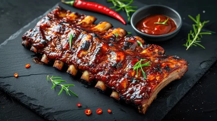 Keuken spatwand met foto Barbecue pork spare ribs with hot honey chili marinade on black background © buraratn