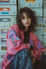 Cool teenager Fashionable girl retro and vintage 90s, young model sitting on cassette tape