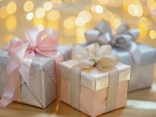 gift boxes with ribbons on a gold and silver background