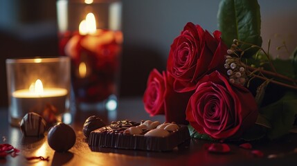 Obraz na płótnie Canvas Valentine's Day flowers and chocolates, extreme low-angle shot, candle light