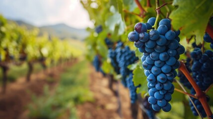Close-up of a blue grape hanging in a vineyard, wide shot - obrazy, fototapety, plakaty