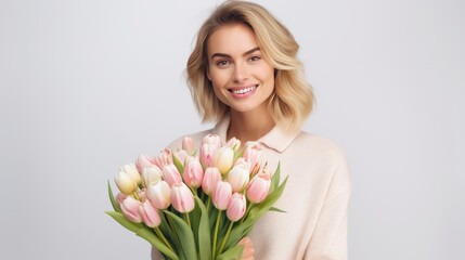 International Women's Day. Extremely happy blonde woman  is smelling a bunch of spring flowers, which she is holding in her hands. Bouquet of tulips
