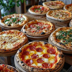 Pizza Produktfoto mit verschiedenen Pizzasorten die dekorativ präsentiert sind, Neapolitanische...