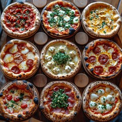 Fototapeta na wymiar Pizza Produktfoto mit verschiedenen Pizzasorten die dekorativ präsentiert sind, Neapolitanische Pizza mit Käse