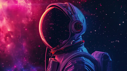 An astronaut wear a headphones over helmet and listen music in open space background - obrazy, fototapety, plakaty