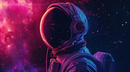 Deurstickers An astronaut wear a headphones over helmet and listen music in open space background © Oleksandr Kozak