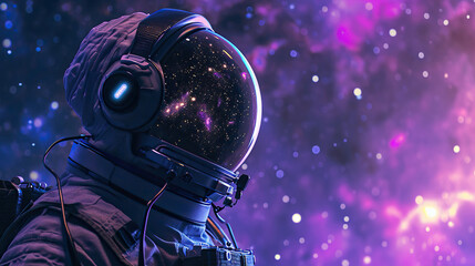 An astronaut wear a headphones over helmet and listen music in open space background - obrazy, fototapety, plakaty