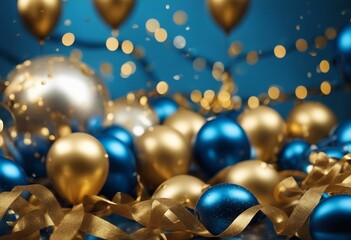 Holiday background with golden and blue metallic balloons confetti and ribbons Festive card for birthday