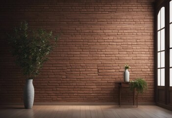 Interior background of room with brick wall vase with branch and door 3d rendering
