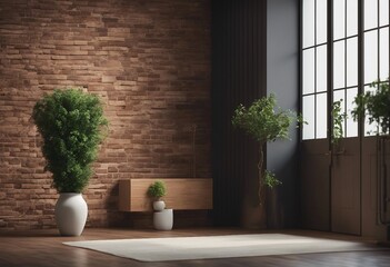 Interior background of room with brick wall vase with branch and door 3d rendering - Powered by Adobe