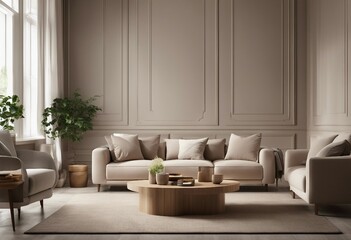 Interior background of living room with beige armchair and wooden coffee table 3d rendering