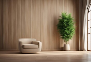 Interior background of room with wooden paneling and beige stucco wall with copy space pot with gras
