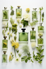 fancy glass perfume bottles in green herbs flowers moss, natural cosmetics, Generative AI - obrazy, fototapety, plakaty