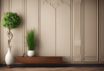 Interior background of room with wooden paneling and beige stucco wall with copy space pot with gras